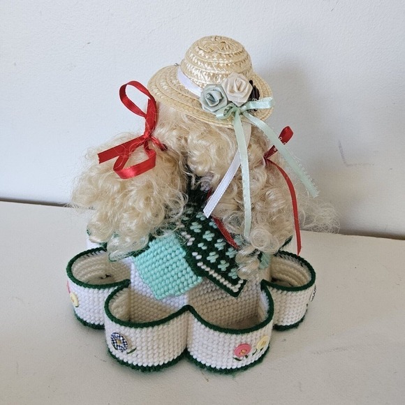 Vtg Handmade Plastic Canvas Table Top Doll Floral W/Organization Trinket Holder - Picture 6 of 13